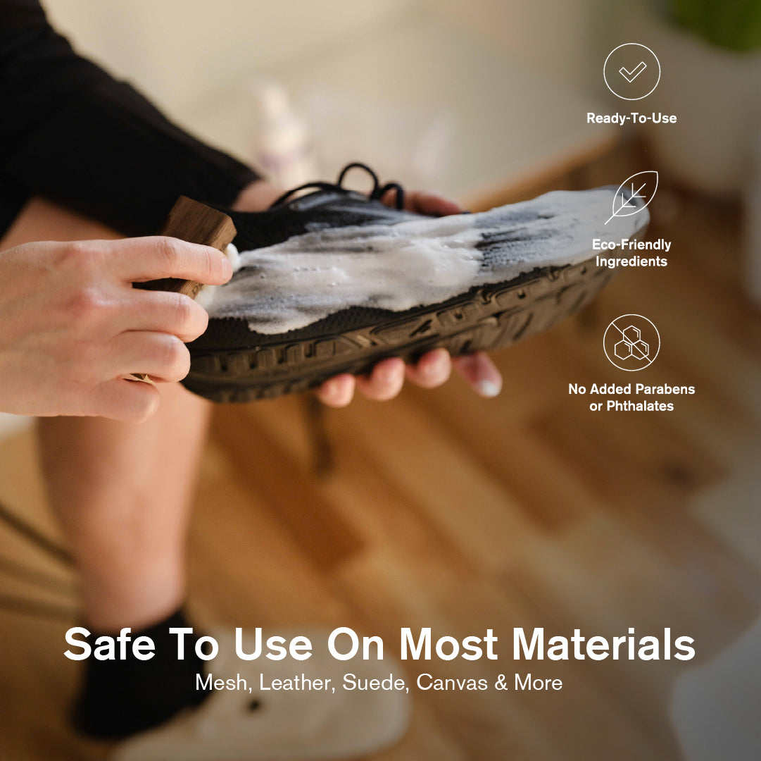 Person cleaning a shoe with a Delicates Brush, with text about product safety on various materials.