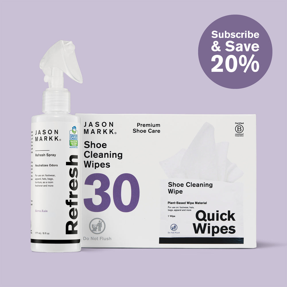Jason Markk Premium Shoe Care set featuring Refresh Spray and Quick Wipes Shoe Cleaning Wipes (30 count) on a light purple background, with “Subscribe & Save 20%” badge. Plant-based wipes for quick sneaker cleaning, odor neutralizing spray, and safe shoe care essentials for footwear, apparel, and accessories.