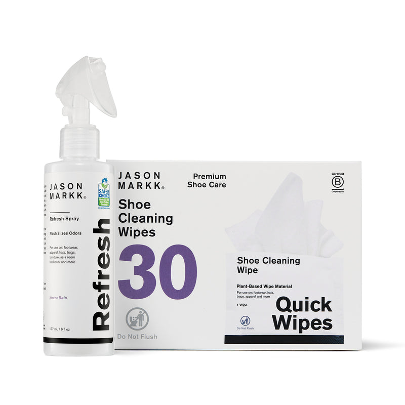 Jason Markk Premium Shoe Care kit featuring Refresh Spray and Quick Wipes Shoe Cleaning Wipes (30 count). Odor-neutralizing spray and plant-based quick wipes designed for cleaning sneakers, footwear, apparel, and accessories. Includes non-flushable wipes and safe, effective shoe cleaning essentials for everyday care.