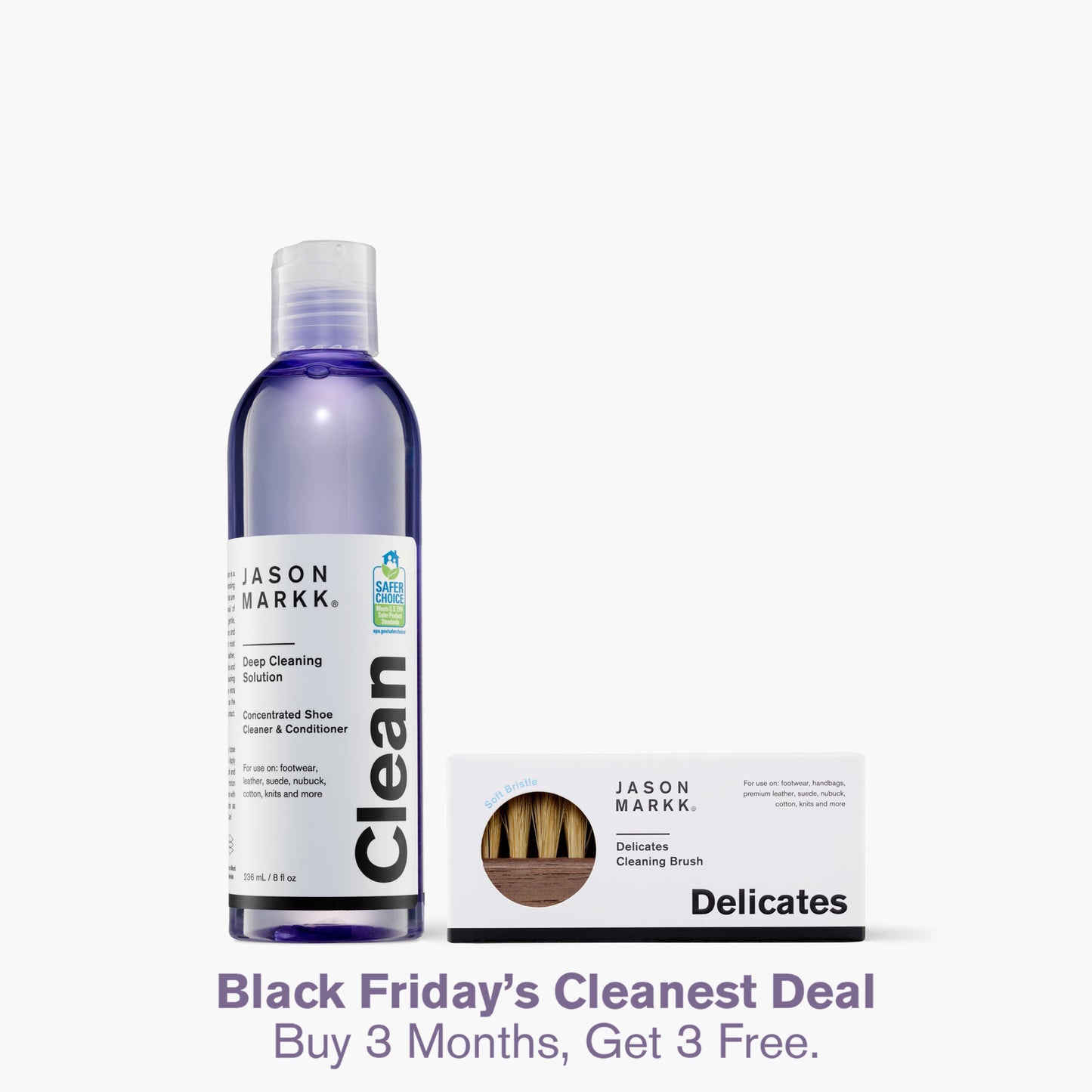 A photo showing the Jason Markk 8oz Deep Cleaning Solution and the Delicates Brush in package.