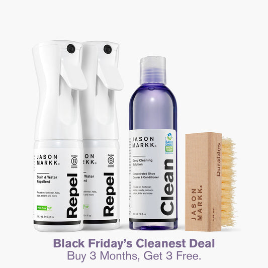 Jason Markk Concentrated Shoe Cleaner & Conditioner, a Durables Brush and 2 bottles of Repel Spray in front of a white background