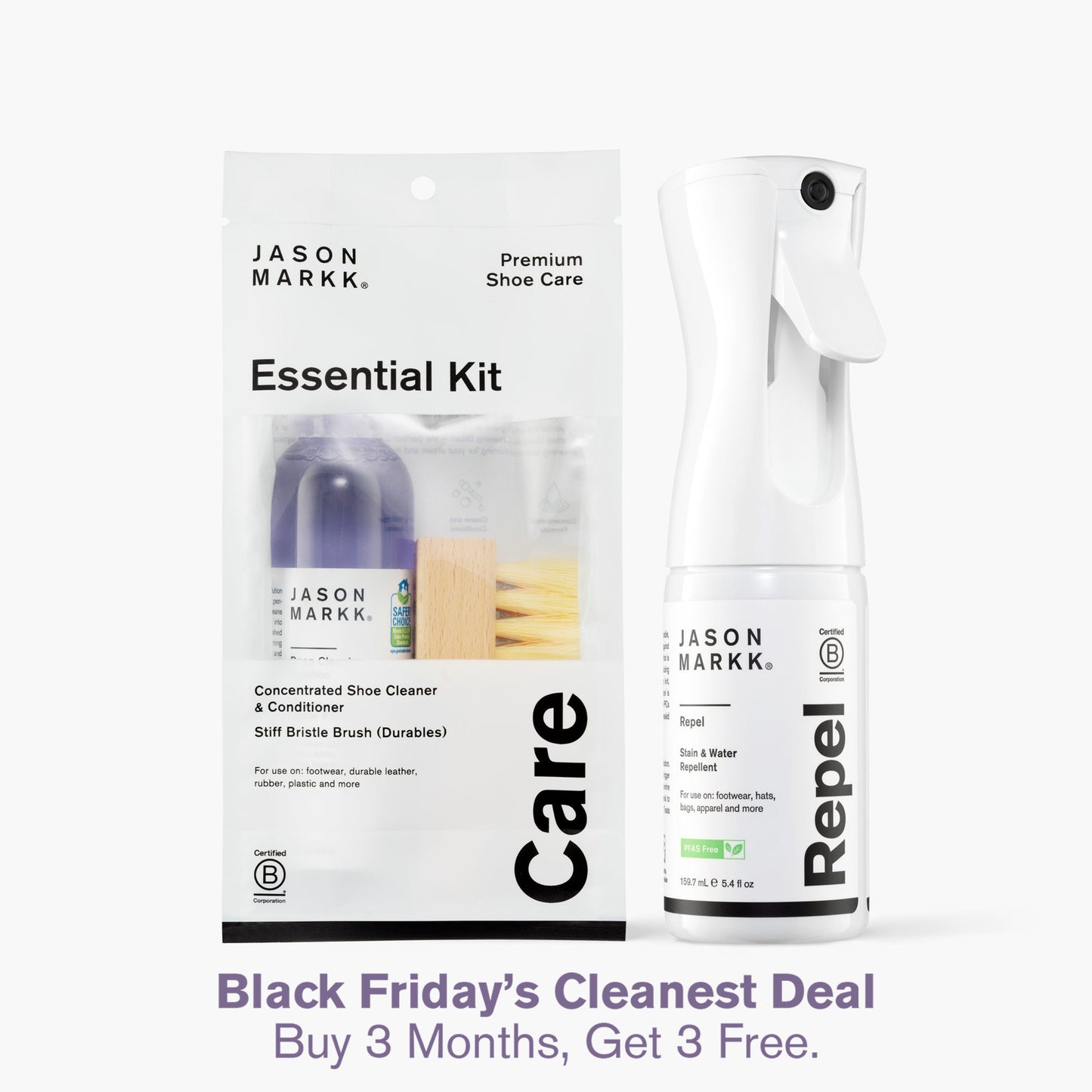 A photo showing the Jason Markk Essential Kit and the Repel Spray. 