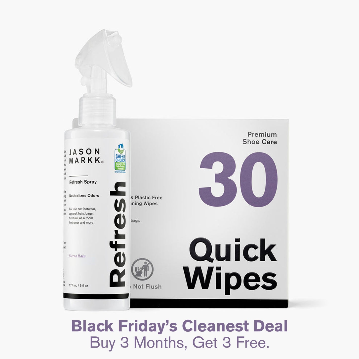 Jason Markk Refresh Spray and Quick Wipes in front of a white background.