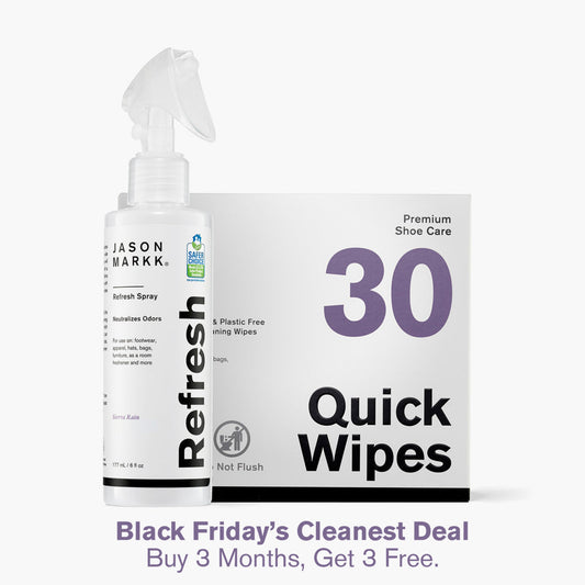 Jason Markk Refresh Spray and Quick Wipes in front of a white background.
