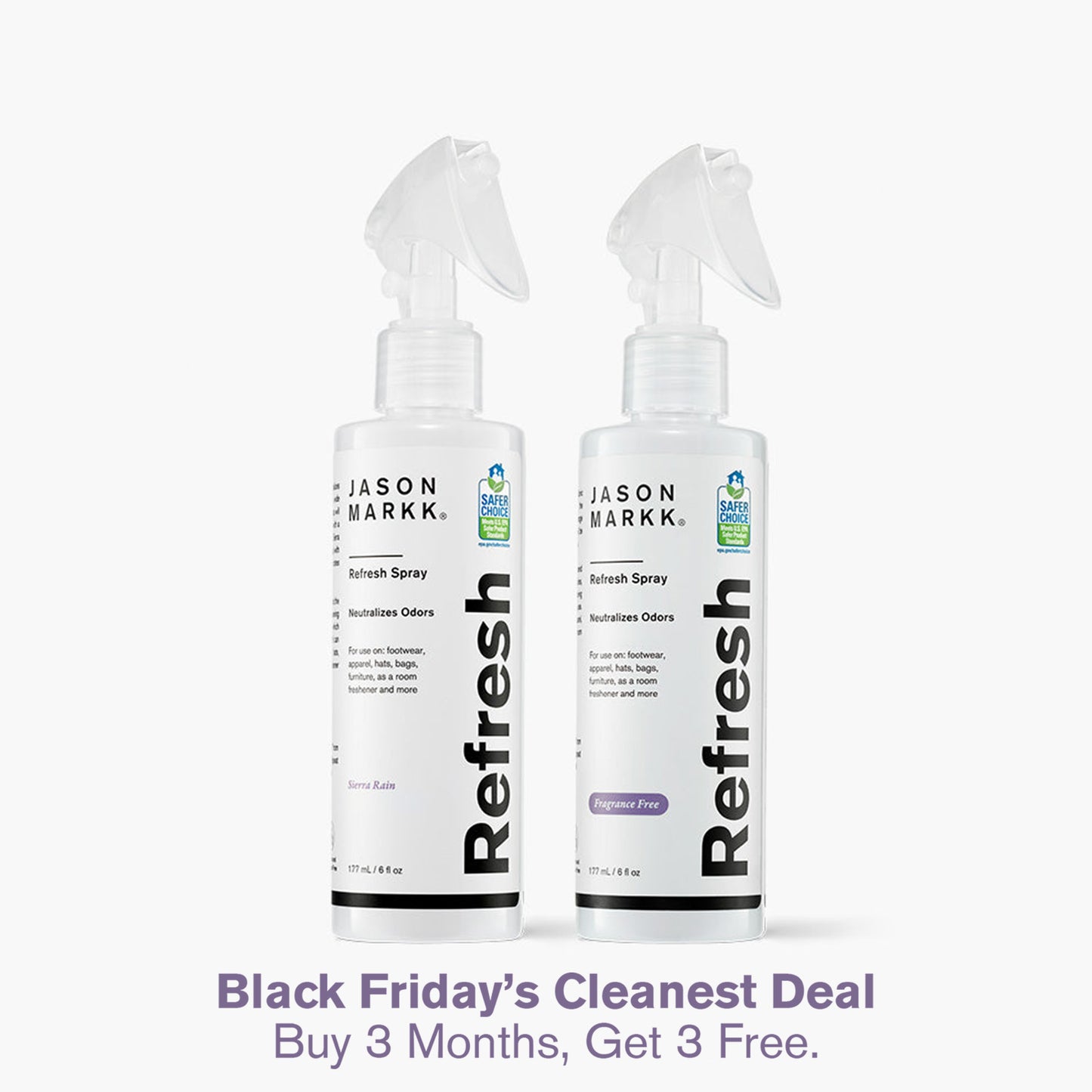 Jason Markk Refresh Spray in both Sierra Rain and Fragrance Free Scents in front of a white background.