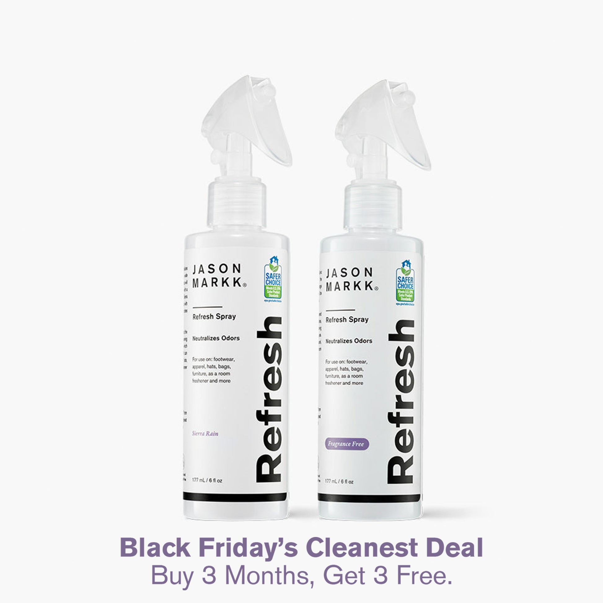 Jason Markk Refresh Spray in both Sierra Rain and Fragrance Free Scents in front of a white background.