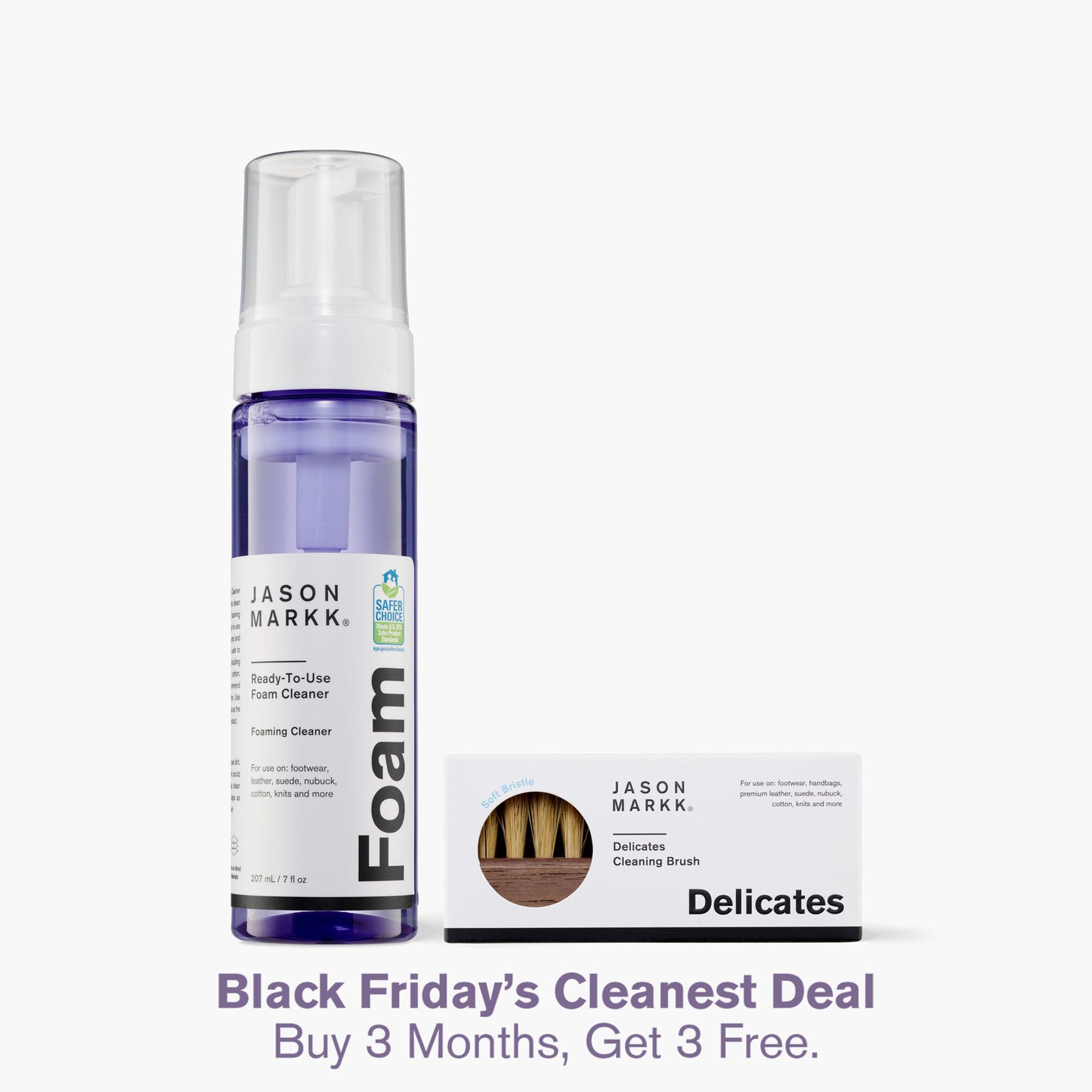 A photo showing the Jason Markk 7oz Ready-To-Use Foam Cleaner and the Delicates Brush in package. 