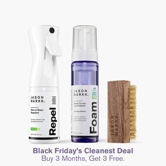 Jason Markk Repel Spray, RTU Foam, and Delicates Brush in front of a white background