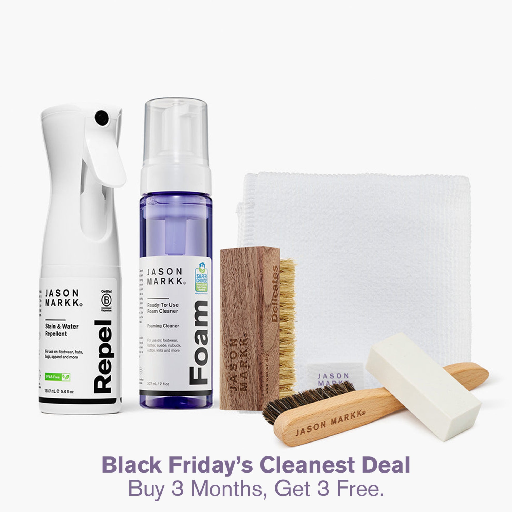 A photo showing the Jason Markk Repel Spray, 7oz Ready-To-Use Foam Cleaner, Delicates Brush, Microfiber Towel and Premium Suede Cleaning Kit out of package.