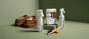 Photo showing a pair of Ugg Tasmans with the Jason Markk Repel Spray, Quick Clean Kit, Refresh Spray and Premium Suede Cleaning Kit