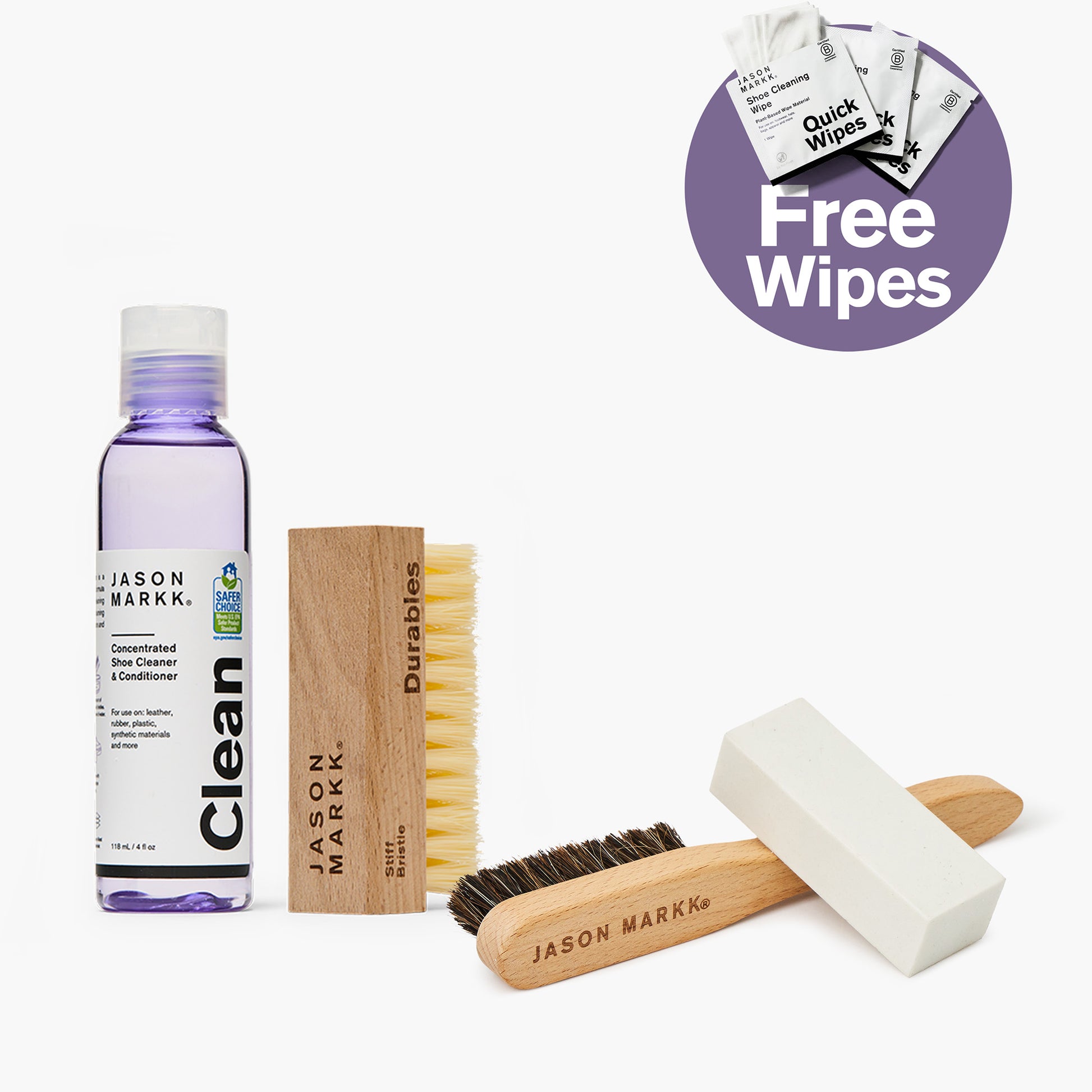 Jason Markk Clean & Revive Bundle featuring Concentrated Shoe Cleaner & Conditioner Clean (4 fl oz, EPA Safer Choice certified) for leather, rubber, plastic, synthetic materials and more, Durables stiff bristle brush, standard brush, and eraser block. Bundle includes free Quick Wipes shoe cleaning wipes.