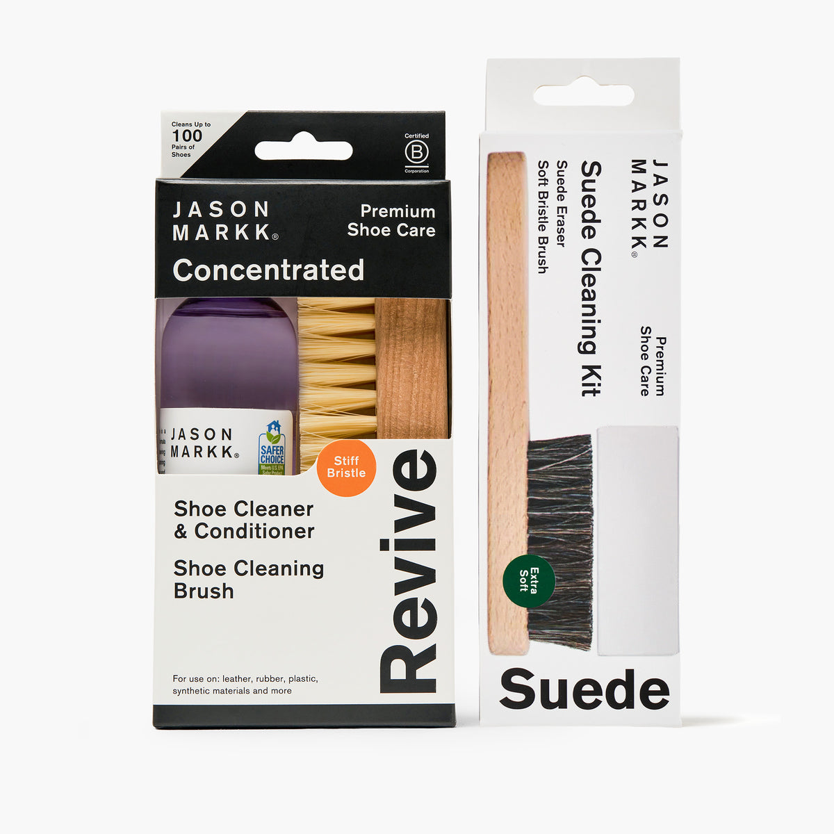 Jason Markk Clean & Revive Bundle: two boxed kits side by side. Left: Revive Concentrated Shoe Cleaner & Conditioner with Shoe Cleaning Brush, labeled Premium Shoe Care, Stiff Bristle, Cleans Up to 100 Pairs of Shoes, for use on leather, rubber, plastic, synthetic materials and more, with EPA Safer Choice seals. Right: Suede Cleaning Kit, labeled Premium Shoe Care, Suede, Suede Eraser, Soft Bristle Brush, Extra Soft, showing a wooden brush and eraser.