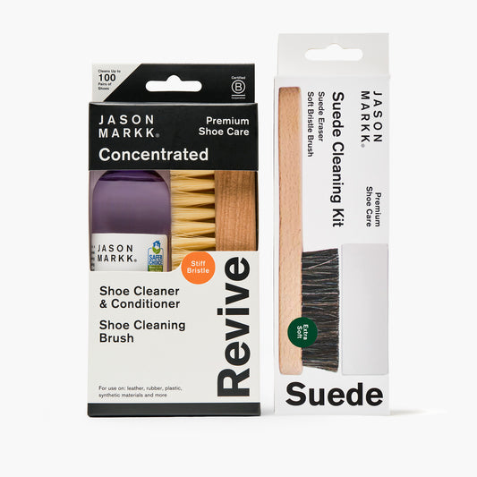 Jason Markk Clean & Revive Bundle: two boxed kits side by side. Left: Revive Concentrated Shoe Cleaner & Conditioner with Shoe Cleaning Brush, labeled Premium Shoe Care, Stiff Bristle, Cleans Up to 100 Pairs of Shoes, for use on leather, rubber, plastic, synthetic materials and more, with B Corp and EPA Safer Choice seals. Right: Suede Cleaning Kit, labeled Premium Shoe Care, Suede, Suede Eraser, Soft Bristle Brush, Extra Soft, showing a wooden brush and eraser.