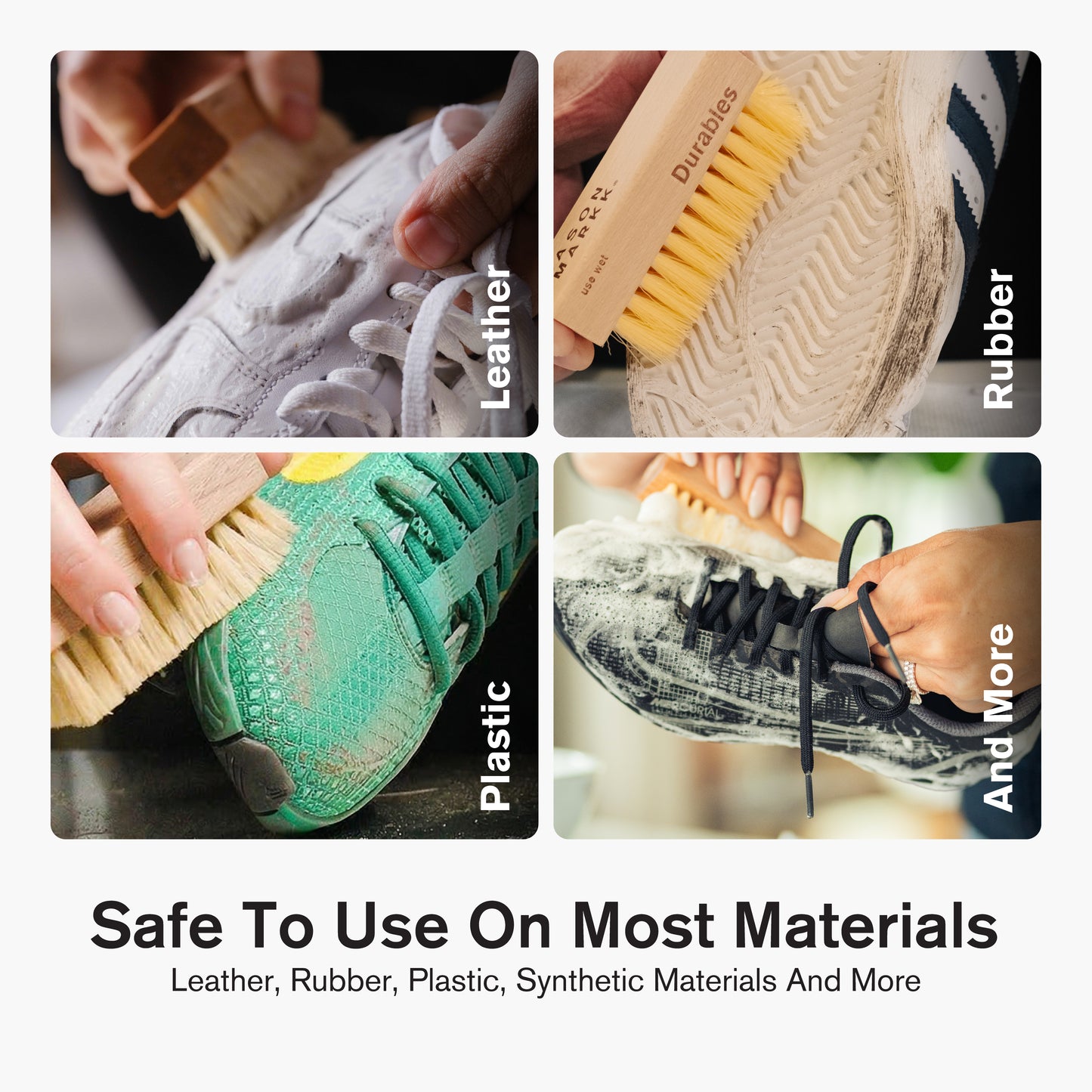 Four-panel image showing Jason Markk Concentrated Shoe Cleaner used on multiple materials: Leather (white sneaker upper), Rubber (shoe outsole), Plastic (green sneaker midsole), and More (black mesh sneaker). Text reads: "Safe To Use On Most Materials — Leather, Rubber, Plastic, Synthetic Materials And More."