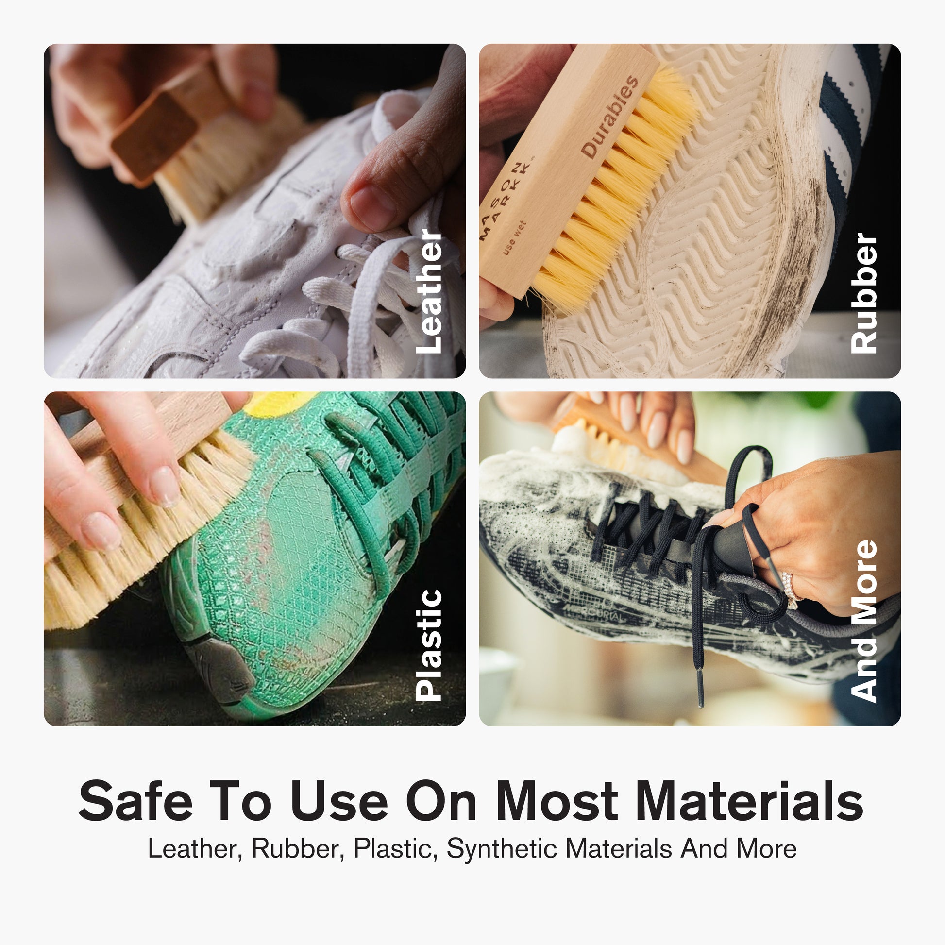 Four-panel image showing Jason Markk Concentrated Shoe Cleaner used on multiple materials: Leather (white sneaker upper), Rubber (shoe outsole), Plastic (green sneaker midsole), and More (black mesh sneaker). Text reads: "Safe To Use On Most Materials — Leather, Rubber, Plastic, Synthetic Materials And More."