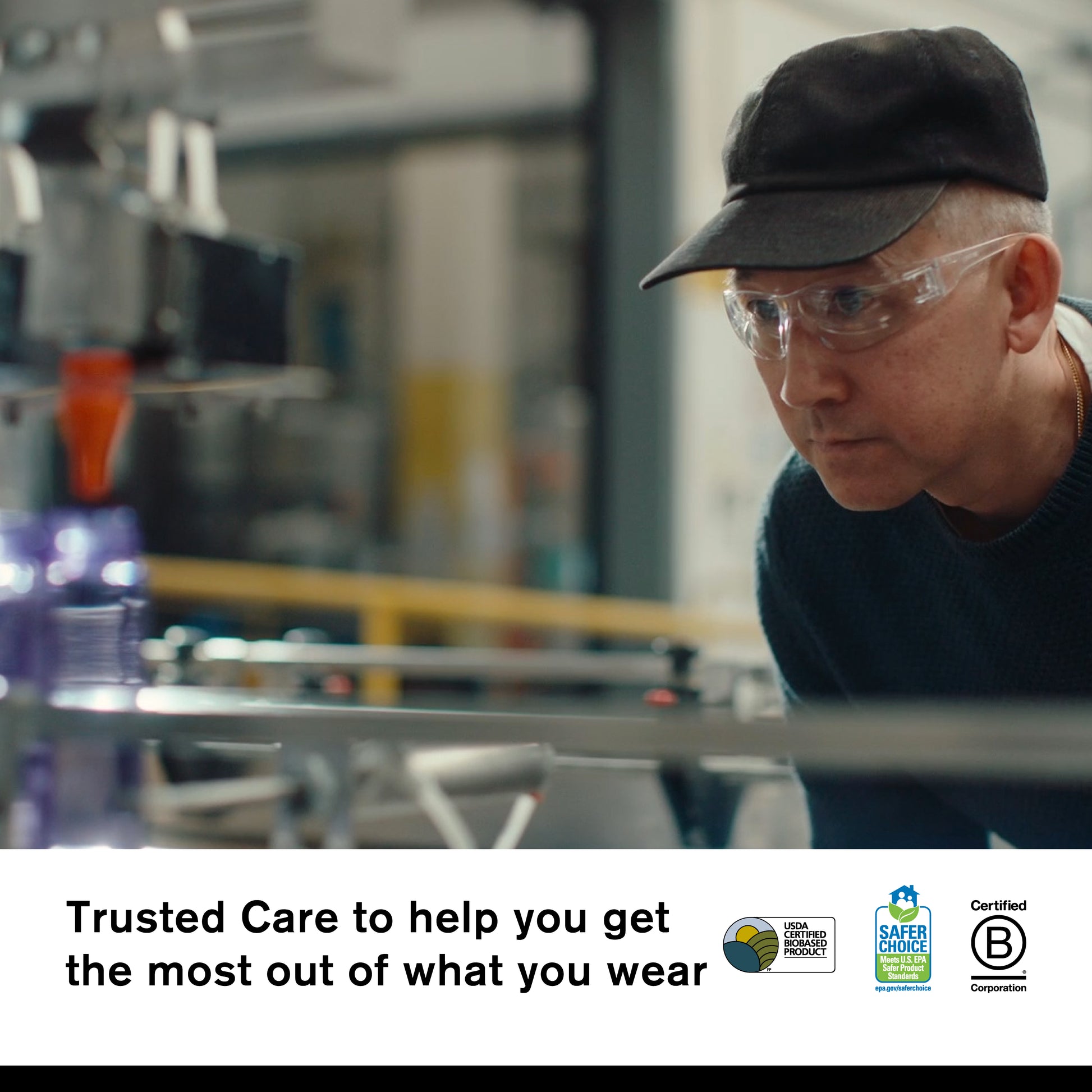 Jason Markk Founder in safety glasses and cap inspecting product on a manufacturing line. Text reads: "Trusted Care to help you get the most out of what you wear." Certification logos: USDA Certified Biobased Product, EPA Safer Choice, and Certified B Corporation. Jason Markk brand quality and safety standards highlighted.