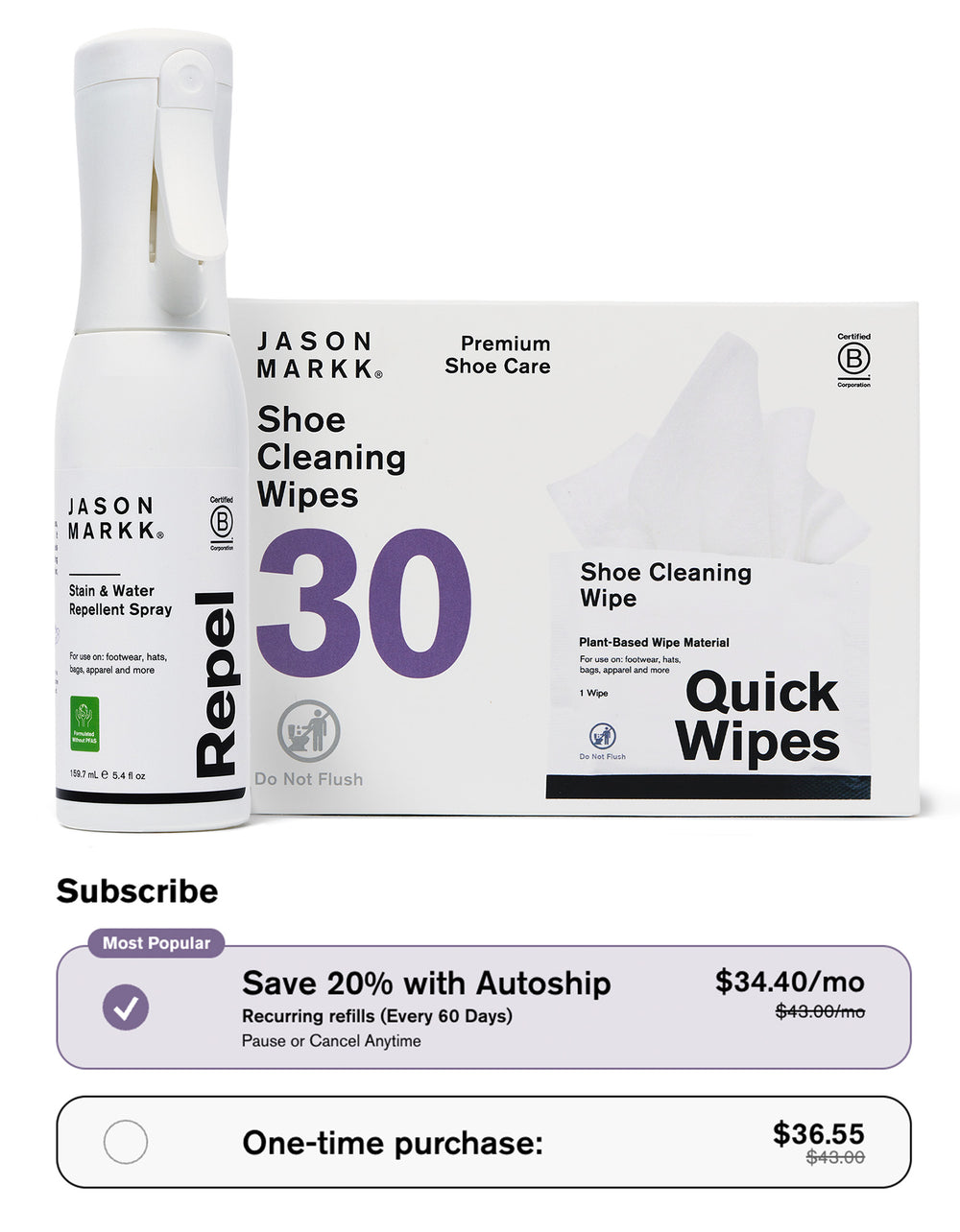Jason Markk shoe care bundle featuring Repel Stain & Water Repellent Spray and Shoe Cleaning Wipes (30 count). Packaging reads “Premium Shoe Care,” “Quick Wipes,” “Plant-Based Wipe Material,” and “Do Not Flush.” Subscription offer shown: “Most Popular – Save 20% with Autoship $34.40/mo, recurring refills every 60 days, pause or cancel anytime.” One-time purchase option listed at $36.55.