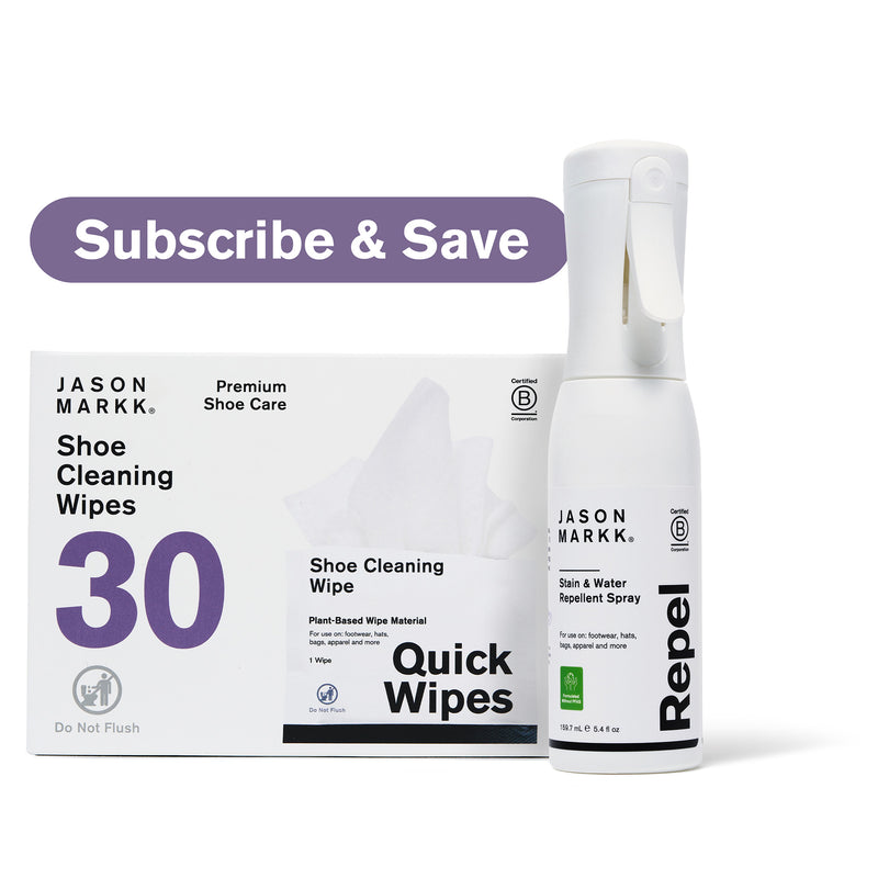 “Subscribe & Save” banner above Jason Markk Premium Shoe Care bundle featuring Shoe Cleaning Wipes (30 count) and Repel Stain & Water Repellent Spray. Packaging text includes “Quick Wipes,” “Plant-Based Wipe Material,” and “Do Not Flush.” Shoe care kit for cleaning sneakers and protecting footwear from water and stains.