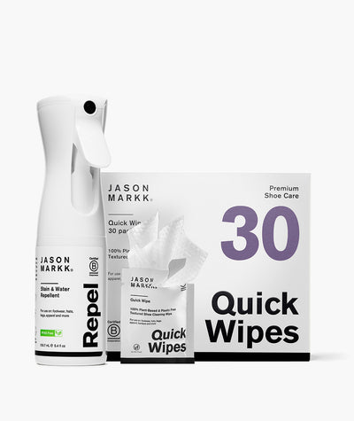 Jason Markk shoe care products including Repel and 30 pack Quick Wipes on a white background.