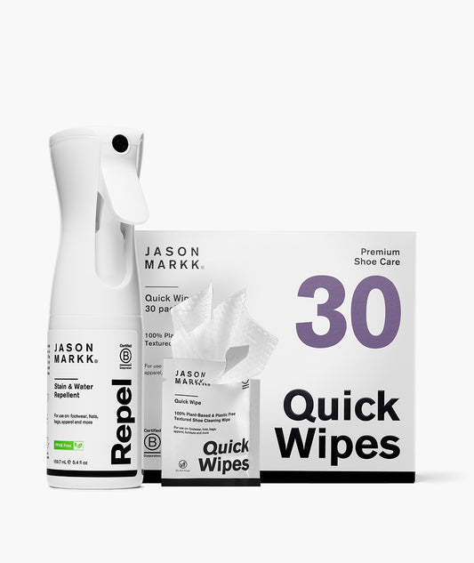 Jason Markk shoe care products including Repel and 30 pack Quick Wipes on a white background.