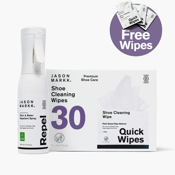 Jason Markk Daily Defense Bundle featuring Repel Stain & Water Repellent Spray (5.4 fl oz) and 30-count Shoe Cleaning Wipes box — Premium Shoe Care, plant-based wipe material, for use on footwear, hats, bags, and apparel. Both products are B Corporation Certified. Bundle includes free Quick Wipes shoe cleaning wipes. Do Not Flush.