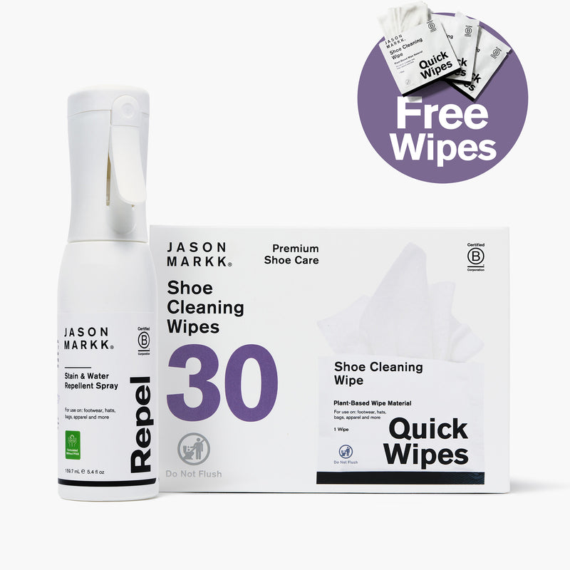 Jason Markk Daily Defense Bundle featuring Repel Stain & Water Repellent Spray (5.4 fl oz) and 30-count Shoe Cleaning Wipes box — Premium Shoe Care, plant-based wipe material, for use on footwear, hats, bags, and apparel. Both products are B Corporation Certified. Bundle includes free Quick Wipes shoe cleaning wipes. Do Not Flush.