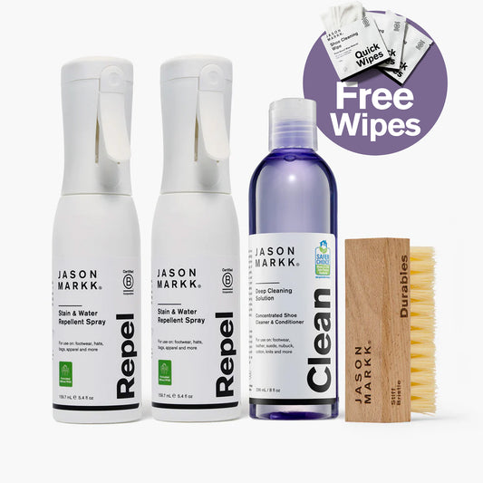 Jason Markk Deep Clean Bundle featuring two Repel Stain & Water Repellent Sprays (5.4 fl oz each, B Corporation Certified, Formulated Without PFAS) for footwear, hats, bags, and apparel, Deep Cleaning Solution concentrated shoe cleaner and conditioner (8 fl oz, EPA Safer Choice certified) for footwear, leather, suede, nubuck, cotton, knits, and Durables stiff bristle brush. Bundle includes free Quick Wipes.