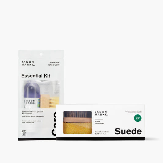 A photo showing the Jason Markk Essential Kit and Premium Suede Cleaning Kit in package. 