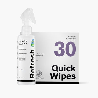 Jason Markk Refresh Spray and Quick Wipes in front of a white background.
