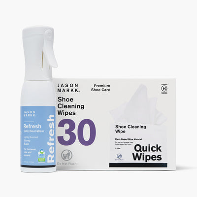 Jason Markk Refresh & Quick Wipes Bundle. Left: Refresh Odor Neutralizer, 177mL / 6 fl oz, lightly scented Sierra Rain, for footwear, hats, and apparel. EPA Safer Choice certified. Right: Premium Shoe Care Shoe Cleaning Wipes, 30 count, plant-based wipe material, for footwear, hats, bags, and apparel. Do Not Flush. Certified B Corporation.