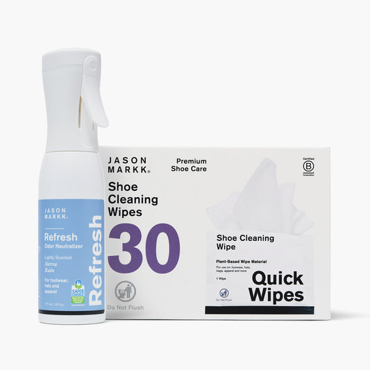 Jason Markk Refresh & Quick Wipes Bundle. Left: Refresh Odor Neutralizer, 177mL / 6 fl oz, lightly scented Sierra Rain, for footwear, hats, and apparel. EPA Safer Choice certified. Right: Premium Shoe Care Shoe Cleaning Wipes, 30 count, plant-based wipe material, for footwear, hats, bags, and apparel. Do Not Flush. Certified B Corporation.
