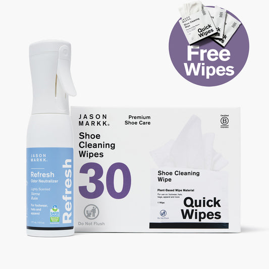 Jason Markk Everyday Care Bundle featuring Refresh Odor Neutralizer (6 fl oz, lightly scented Sierra Rain, EPA Safer Choice certified) for footwear, hats, and apparel, and 30-count Shoe Cleaning Wipes box — Premium Shoe Care, plant-based wipe material, for use on footwear, hats, bags, and apparel. B Corporation Certified. Do Not Flush. Bundle includes free Quick Wipes shoe cleaning wipes.