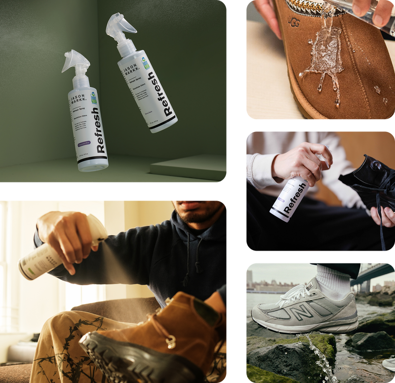 Collage of Refresh Spray being used on various shoes.