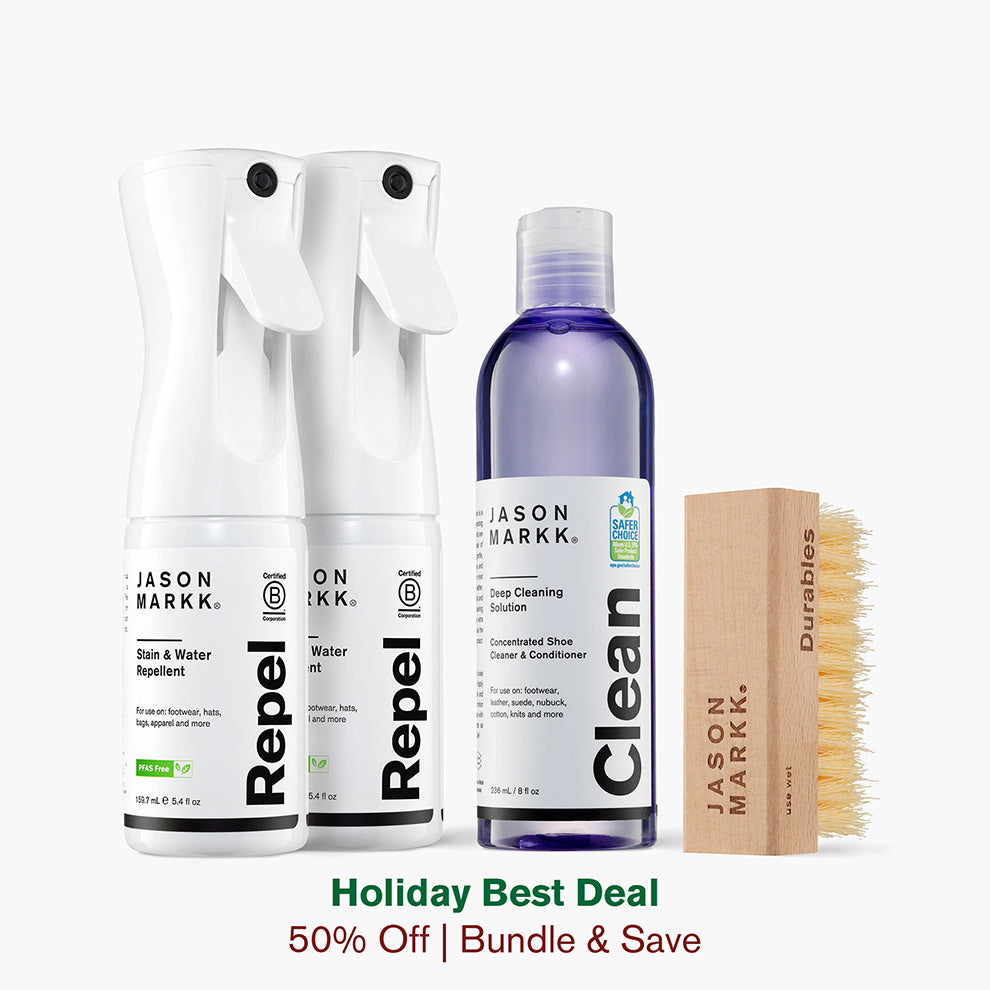 Jason Markk Concentrated Shoe Cleaner & Conditioner, a Durables Brush and 2 bottles of Repel Spray in front of a white background