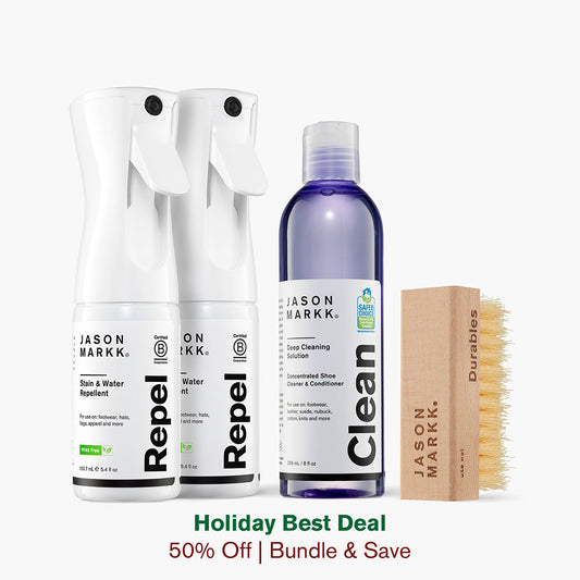 Jason Markk Concentrated Shoe Cleaner & Conditioner, a Durables Brush and 2 bottles of Repel Spray in front of a white background