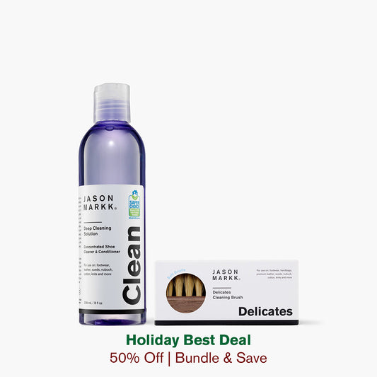 A photo showing the Jason Markk 8oz Deep Cleaning Solution and the Delicates Brush in package.