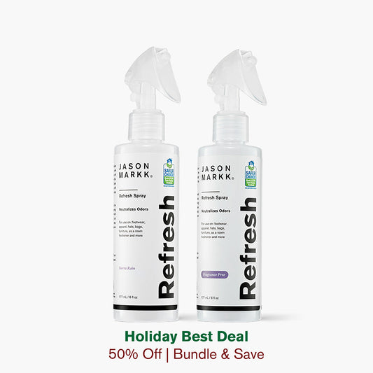 Jason Markk Refresh Spray in both Sierra Rain and Fragrance Free Scents in front of a white background.