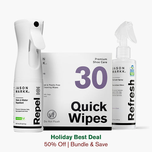Jason Markk Repel Spray, Quick Wipes, and Refresh Spray in front of a white background.