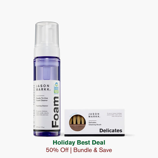 A photo showing the Jason Markk 7oz Ready-To-Use Foam Cleaner and the Delicates Brush in package.