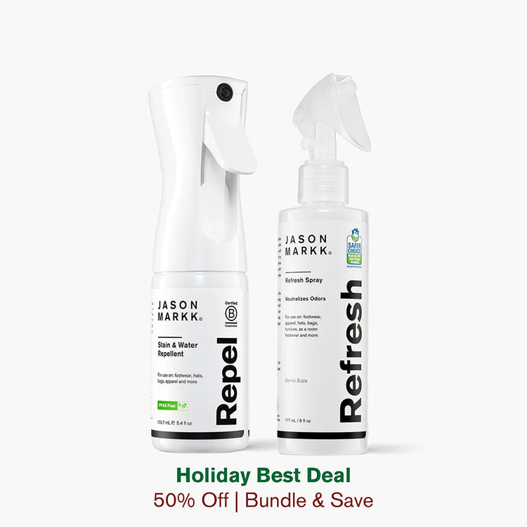 Bottles of Jason Markk Repel Spray and Refresh Spray in front of a white background