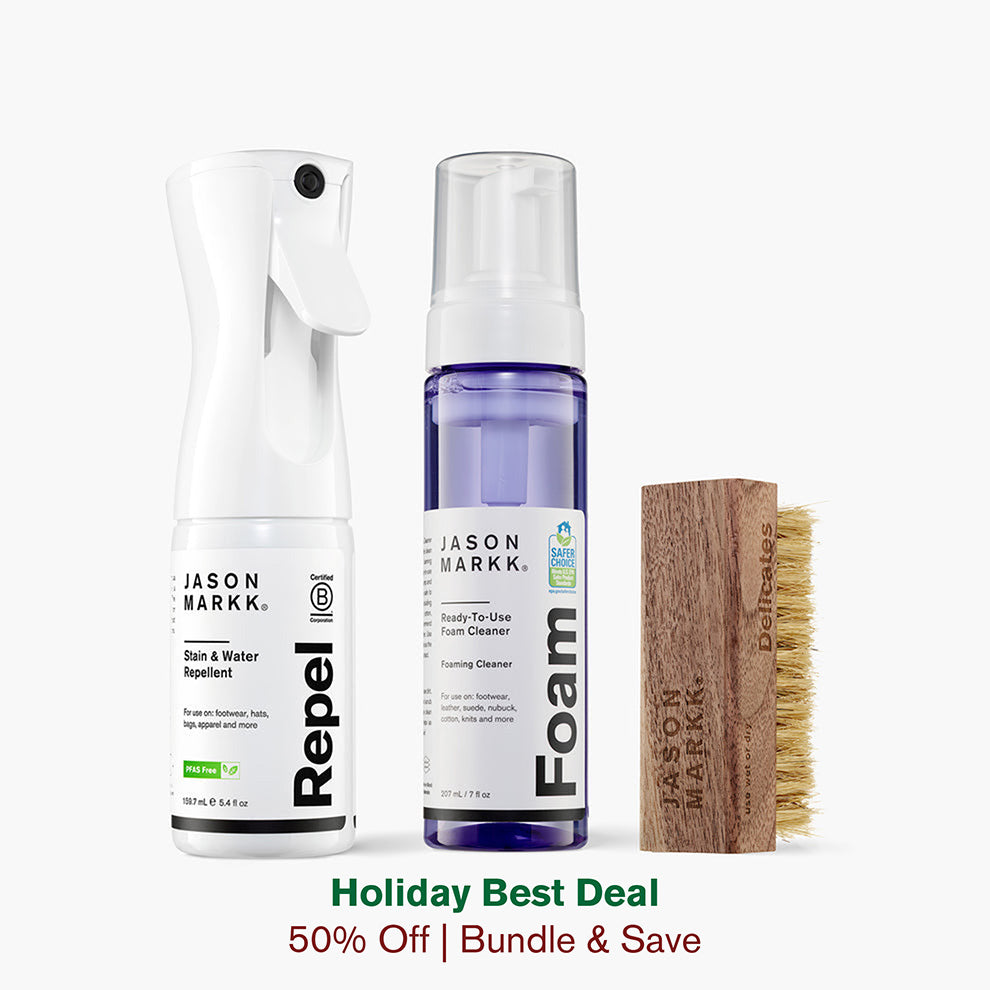 Jason Markk Repel Spray, RTU Foam, and Delicates Brush in front of a white background