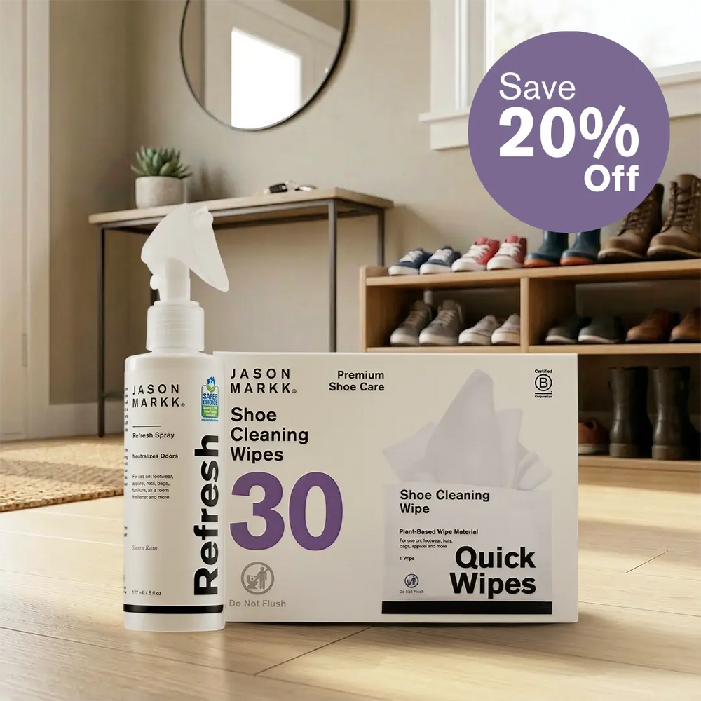 Jason Markk Refresh Spray and 30pk Quick Wipes in a homes entry way