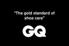 GQ logo with quote 'The gold standard of shoe care' on a black background
