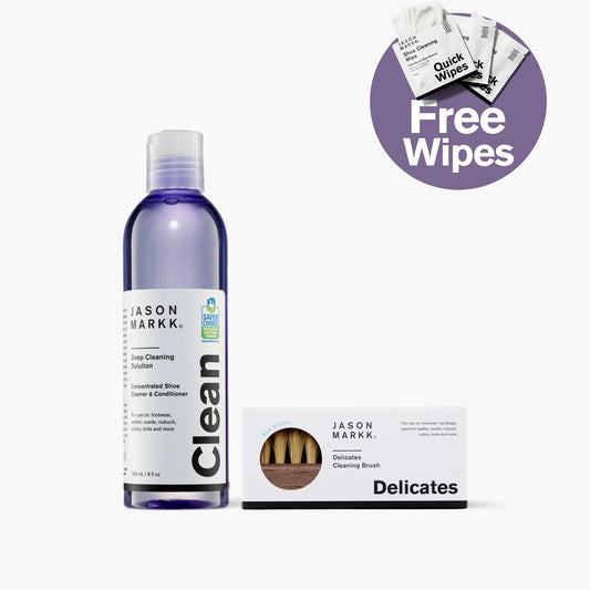 Jason Markk Leather Care Bundle featuring Deep Cleaning Solution Concentrated Shoe Cleaner & Conditioner Clean (8 fl oz, EPA Safer Choice certified) for footwear, leather, suede, nubuck, cotton, knits, and Delicates Cleaning Brush with soft bristle for footwear, handbags, premium leather, suede, nubuck, cotton, and knits. Bundle includes free Quick Wipes shoe cleaning wipes.
