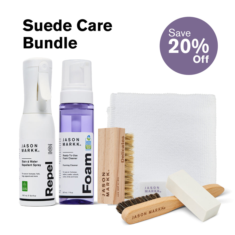 Jason Markk Suede Care Bundle with a purple "Save 20% Off" badge. Includes Repel Stain & Water Repellent Spray (5.4 fl oz, Certified B Corporation, Formulated Without PFAS), Ready-To-Use Foam Cleaner (7 fl oz, EPA Safer Choice Certified, for footwear, leather, suede, nubuck, cotton, knits), Delicates Brush, Premium Microfiber Towel, Suede Handle Brush, and Suede Eraser.