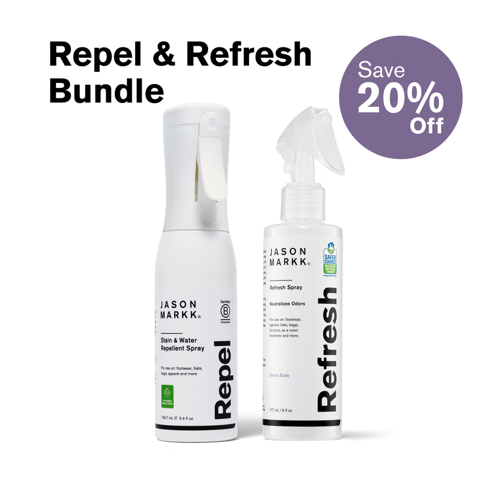 Jason Markk Repel & Refresh Bundle with a purple "Save 20% Off" badge. Includes Repel Stain & Water Repellent Spray (5.4 fl oz, Certified B Corporation, Formulated Without PFAS) and Refresh Odor Neutralizing Spray (6 fl oz, Sierra Rain, EPA Safer Choice Certified). For use on footwear, apparel, hats, bags, furniture, and more.