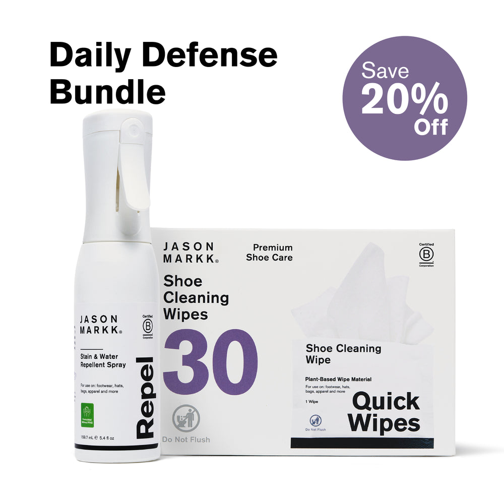 Jason Markk Daily Defense Bundle with a purple "Save 20% Off" badge. Includes Repel Stain & Water Repellent Spray (5.4 fl oz, Certified B Corporation, Formulated Without PFAS, for use on footwear, hats, bags, and apparel) and Premium Shoe Care Quick Wipes 30-Pack (plant-based wipe material, do not flush, for use on footwear, bags, and apparel). Certified B Corporation.