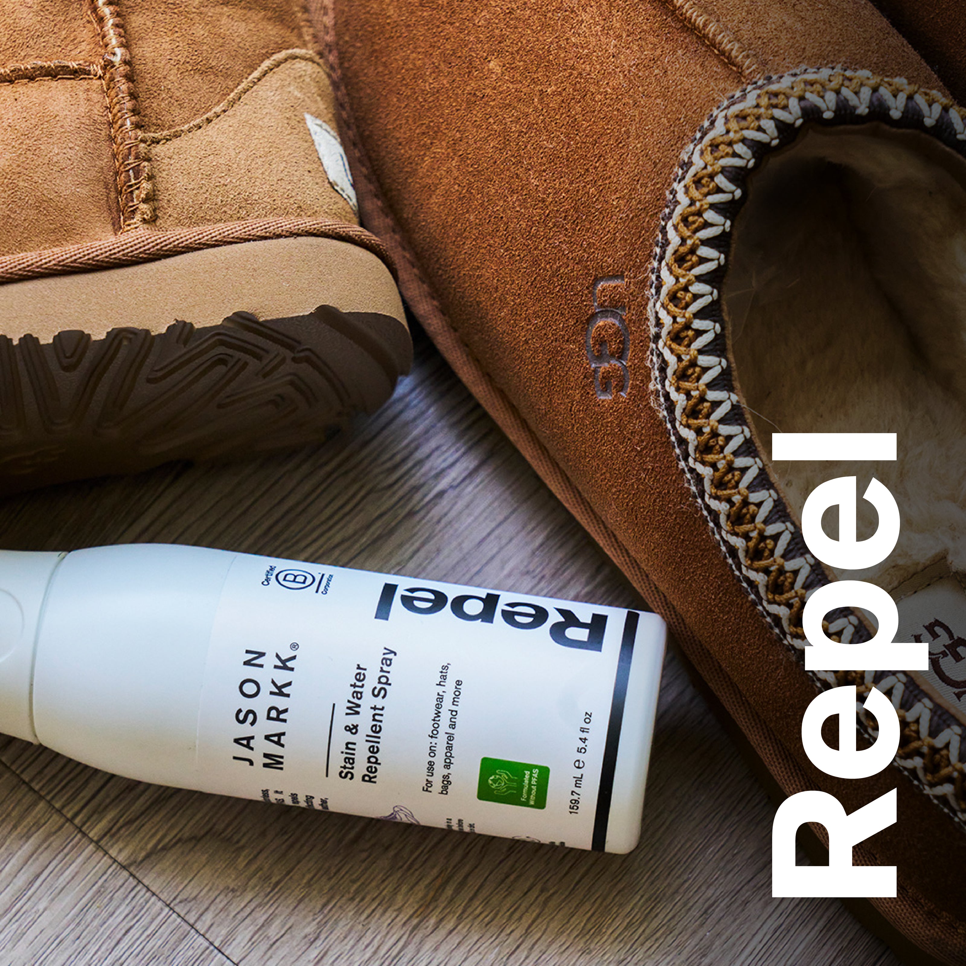 Jason Markk Repel stain and water repellent spray bottle placed next to brown suede UGG boots on a wood floor. Visible text on bottle reads “JASON MARKK,” “Repel,” and “Stain & Water Repellent Spray.” Large vertical overlay text reads “Repel.” Image highlights suede footwear protection and cleaning product use.
