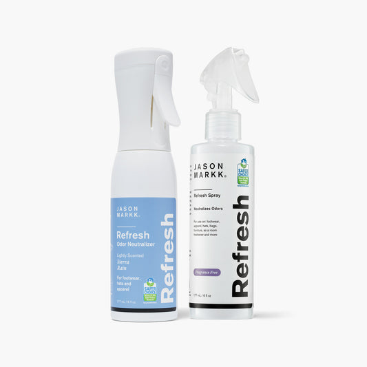 Jason Markk Refresh Duo Bundle. Left: Refresh Odor Neutralizer, 177mL / 6 fl oz, lightly scented Sierra Rain, for footwear, hats, and apparel. EPA Safer Choice certified. Right: Refresh Spray Odor Neutralizer, 177mL / 6 fl oz, Fragrance Free, for footwear, apparel, hats, bags, furniture, and room freshening. EPA Safer Choice certified. Both in trigger spray bottles.