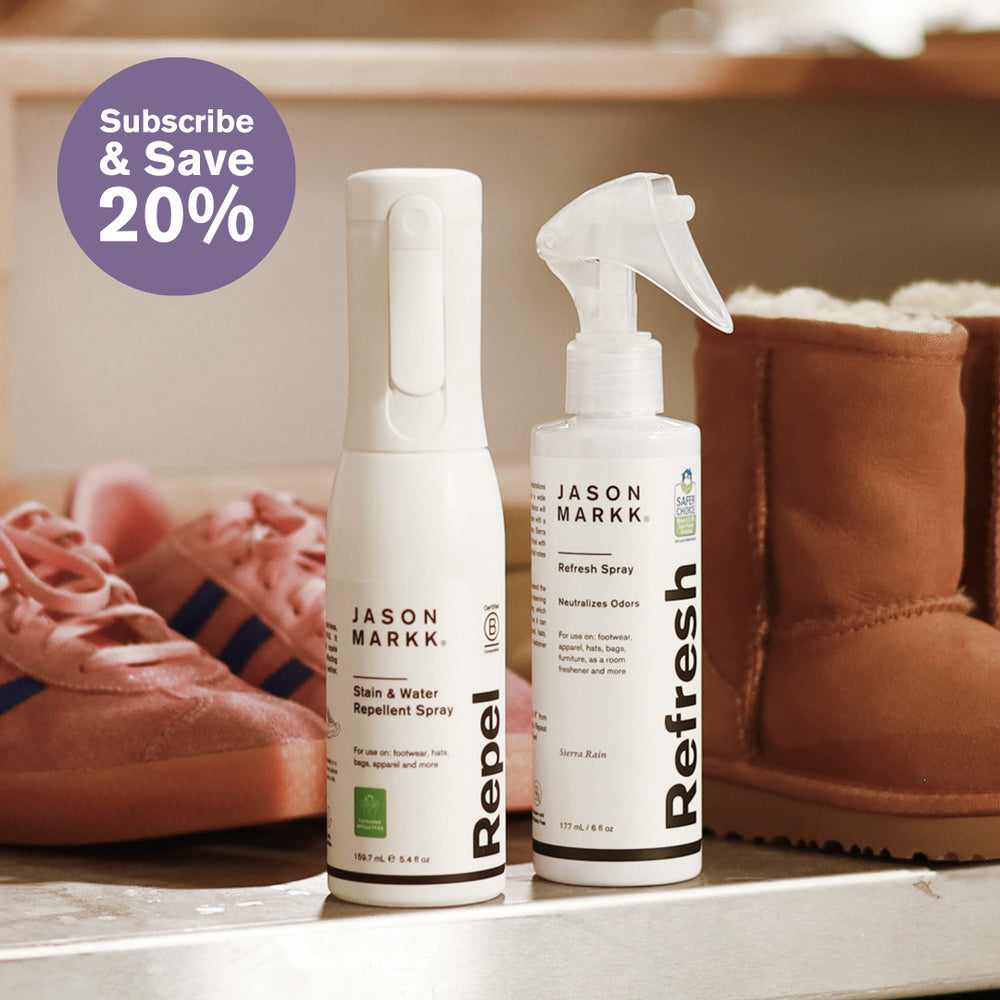 Jason Markk shoe care bundle featuring Repel stain and water repellent spray and Refresh odor-eliminating spray, displayed with sneakers and suede boots. Includes “Subscribe & Save 20%” badge. Protective and deodorizing solution for sneakers, suede, and everyday footwear care.